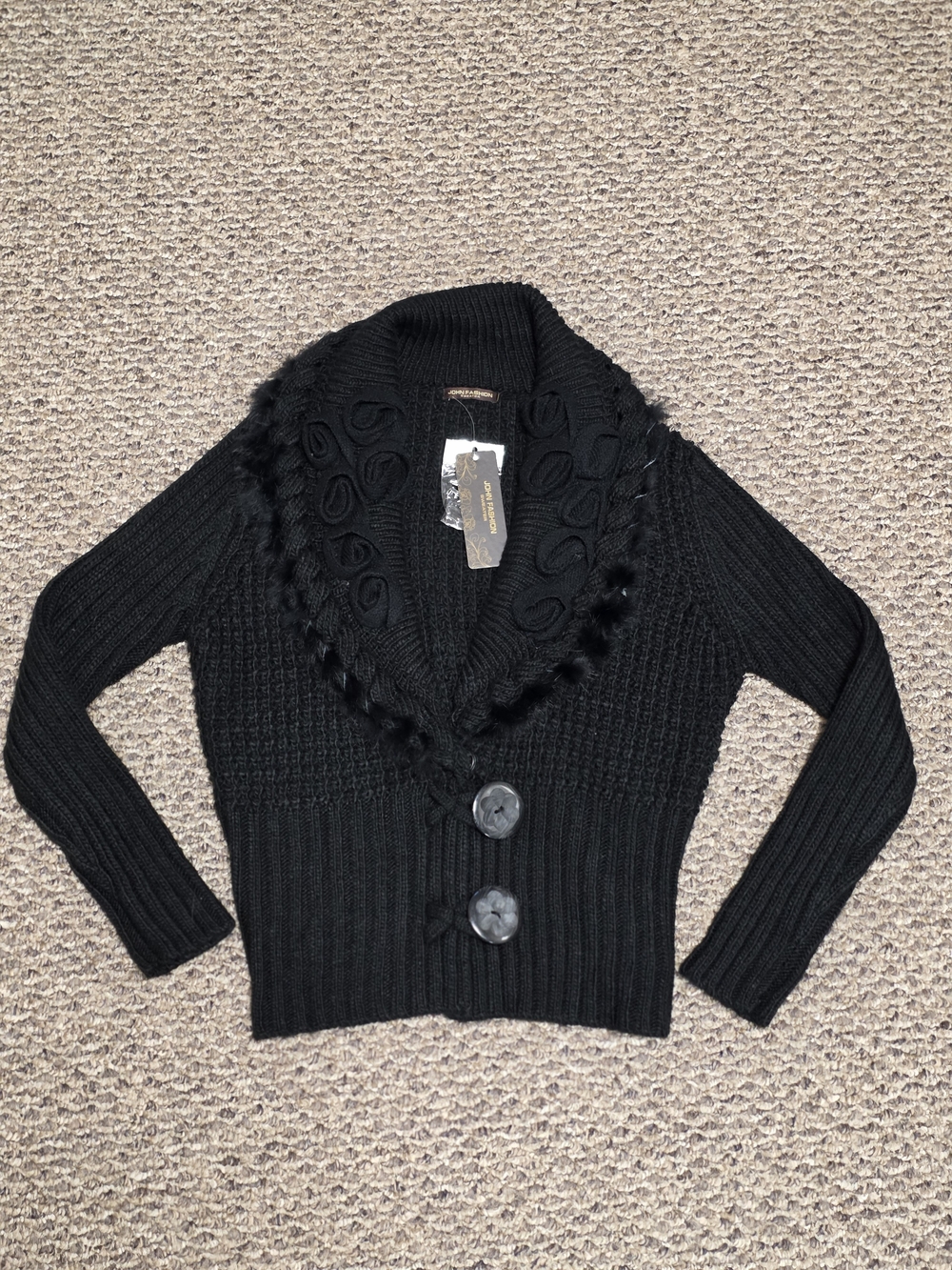 🖤🥀✨ Black Chunky Knit Cottagecore Cardigan Sweater Rosette Collar Faux Fur - Picture 4 of 12